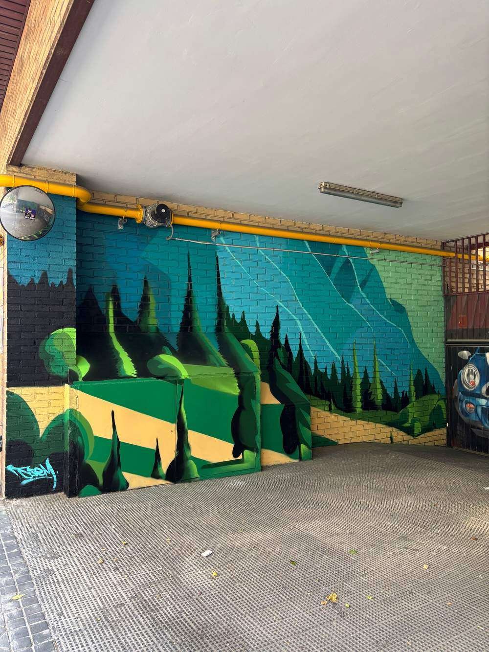 Graffiti de paisaje natural en garaje de comunidad en Madrid