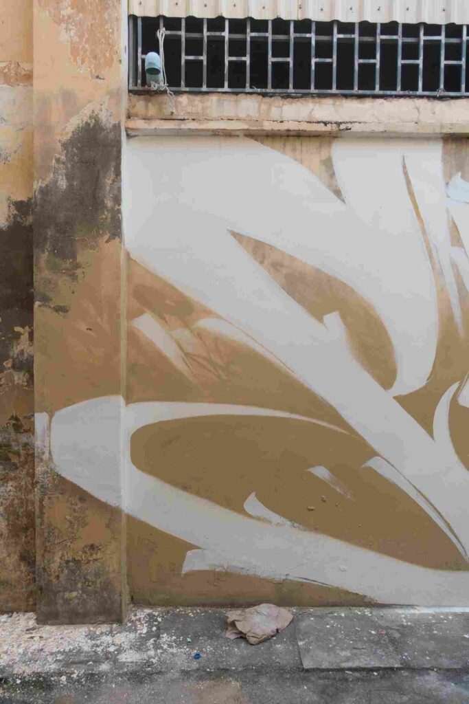 Mural graffiti en fachada de Camboya, retrato femenino con gorra para S’art Urban Art Festival.