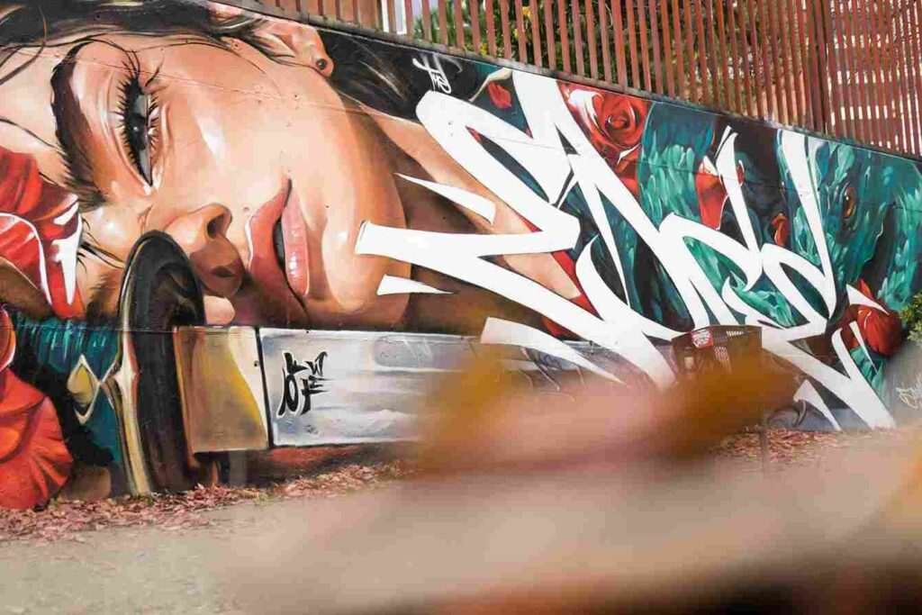 mural madrid the edge of the blade retrato femenino con rosas y serpiente tipografía graffiti blanca barrio del pilar