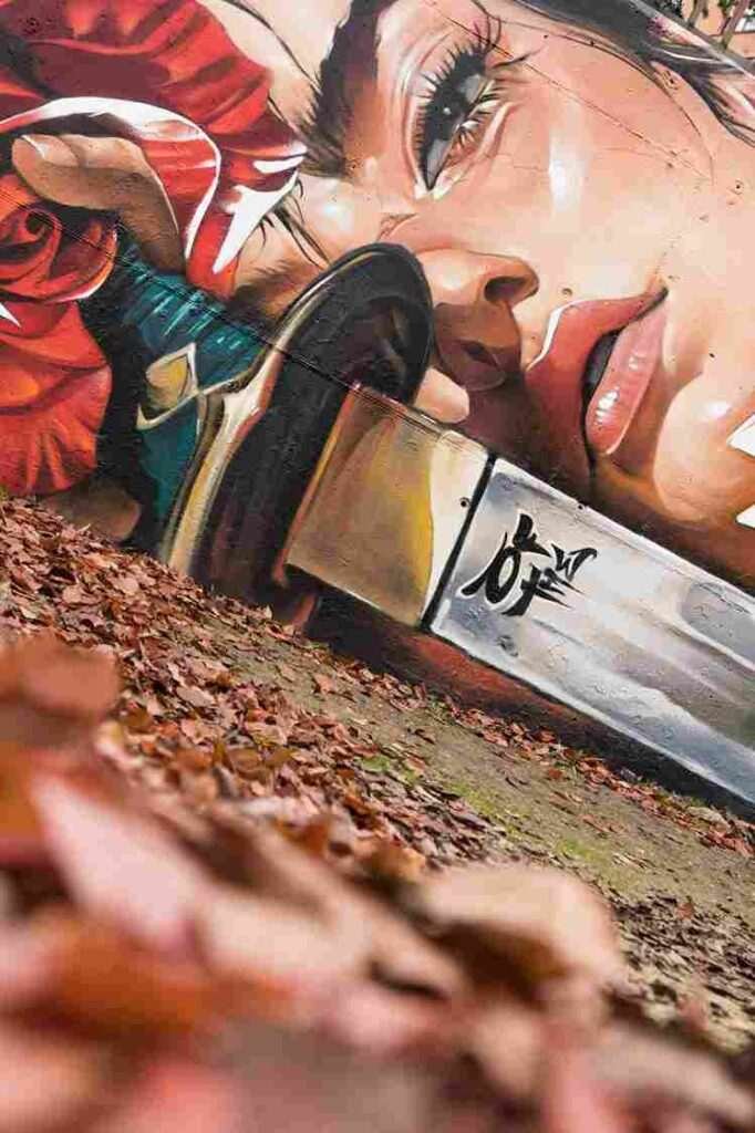 mural madrid the edge of the blade retrato femenino con rosas y serpiente tipografía graffiti blanca barrio del pilar