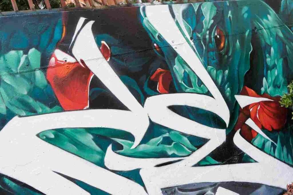 mural madrid the edge of the blade retrato femenino con rosas y serpiente tipografía graffiti blanca barrio del pilar