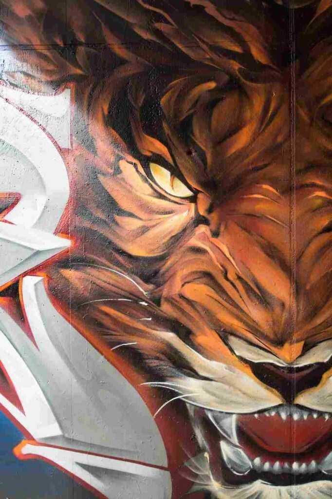 Primer plano del rostro del tigre con mirada intensa en mural