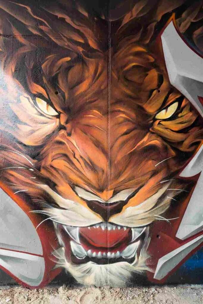 Boca del tigre rugiendo con colmillos, mural graffiti realista