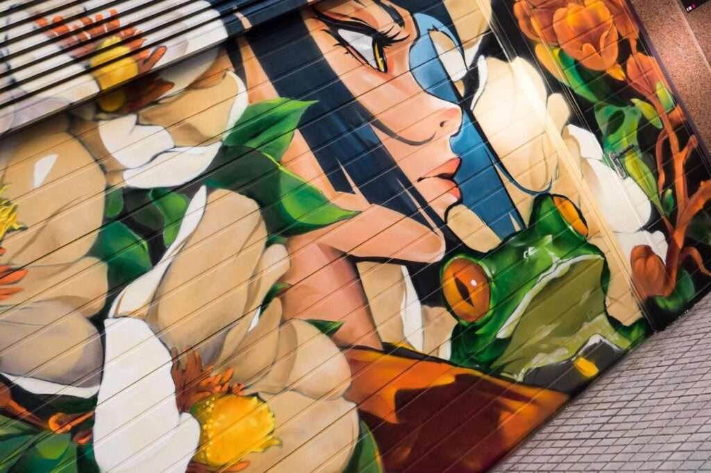 Detalle del mural de arte urbano en Salamanca con princesa, rana y flores sobre cierre metálico