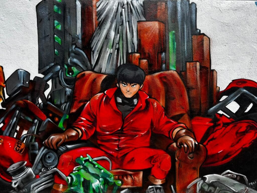 Kaneda de Akira sentado en un trono de chatarra, pintado en el mural de Akira Comics