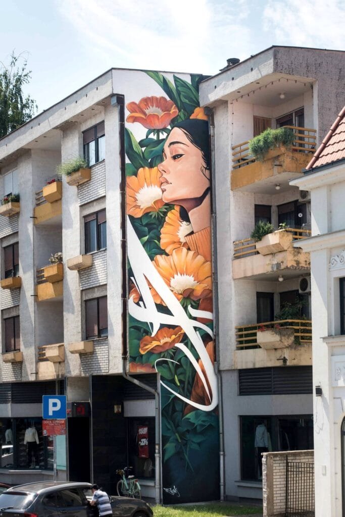 Vista completa del mural Aroma de Asem Navarro, de la cornisa a la acera, en el Meraki Mural Fest 2026