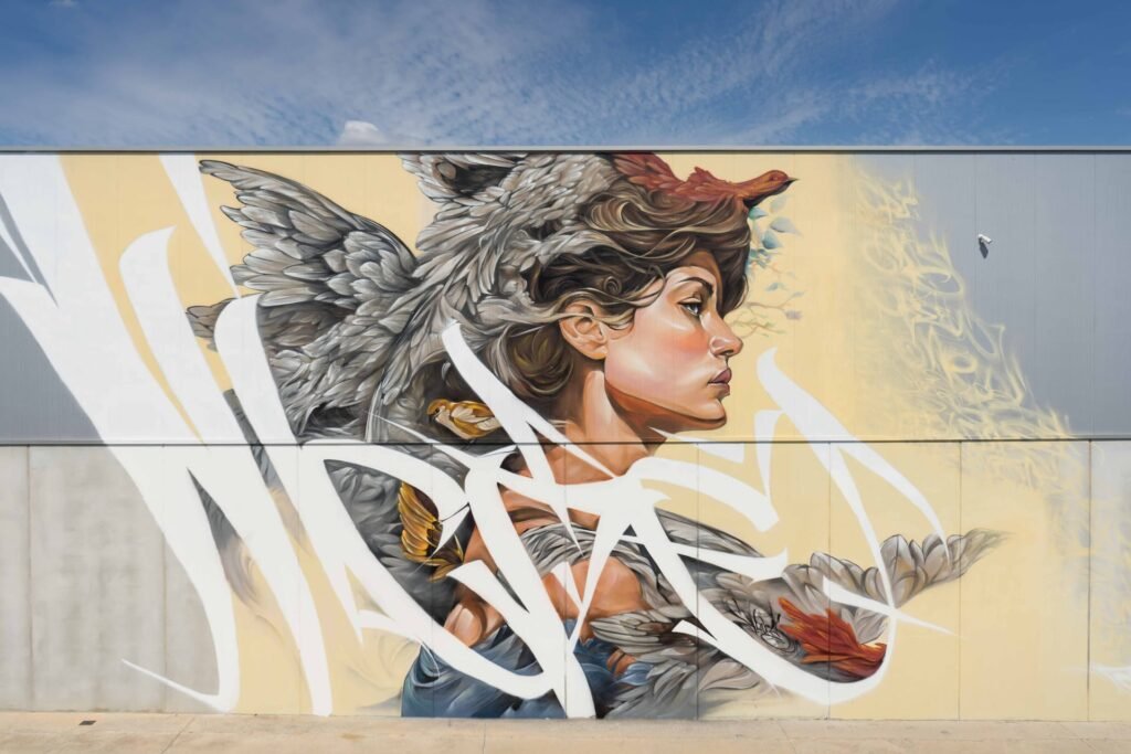 Mural Lliure en Torrefarrera: mujer de perfil con alas de plumas y lettering blanco en la fachada de una nave