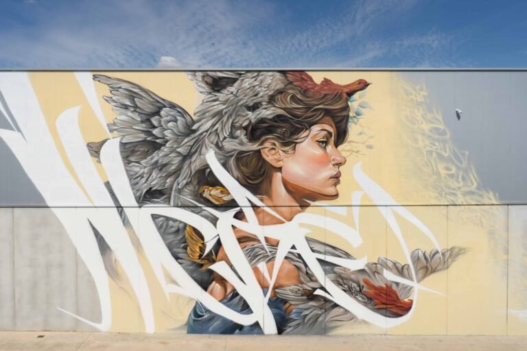 Mural Lliure en Torrefarrera: mujer de perfil con alas de plumas y lettering blanco en la fachada de una nave