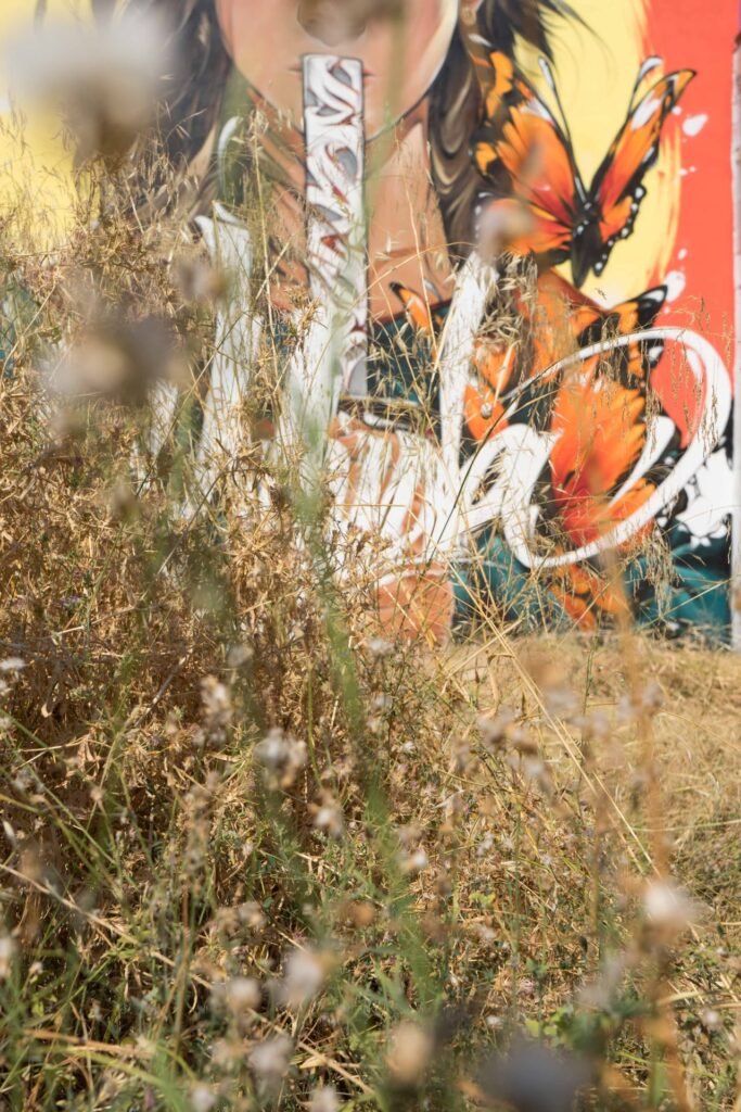 Lettering «Muda» del mural de Fanzara visto entre la hierba seca del solar