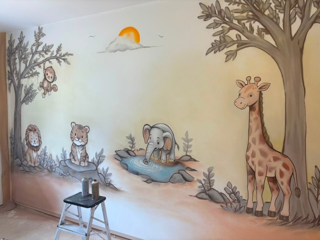 Mural safari infantil recién terminado, con la escalera todavía en la habitación del bebé