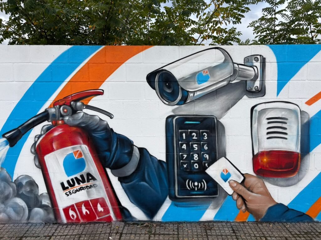 Detalle del extintor y la cámara de videovigilancia pintados en el mural de Luna Seguridad