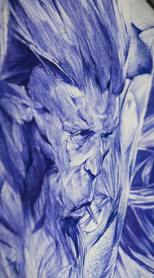 Graffiti estilo libre de demonio abstracto con tonos púrpura y azul