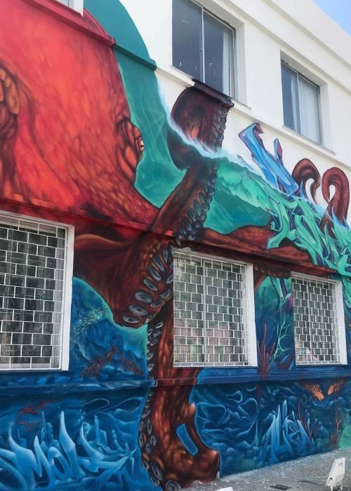 Mural con pulpo rojo y fondo marino en Festival Concreto de Brasil