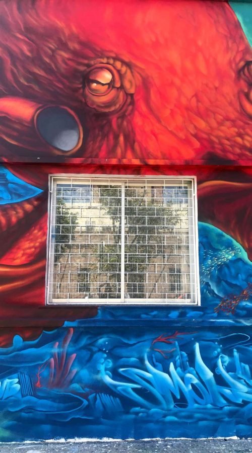 Mural con pulpo rojo y fondo marino en Festival Concreto de Brasil