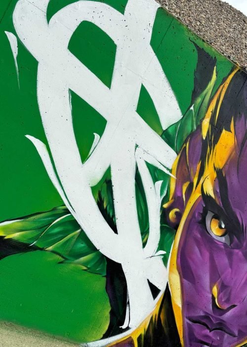 Graffiti retrato morado en festival de arte urbano en Holanda