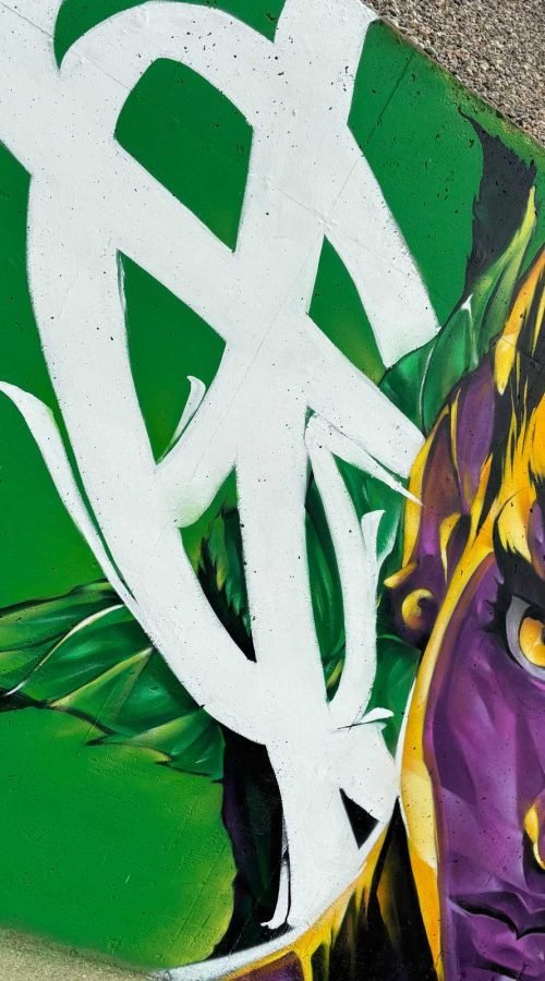 Graffiti retrato morado en festival de arte urbano en Holanda