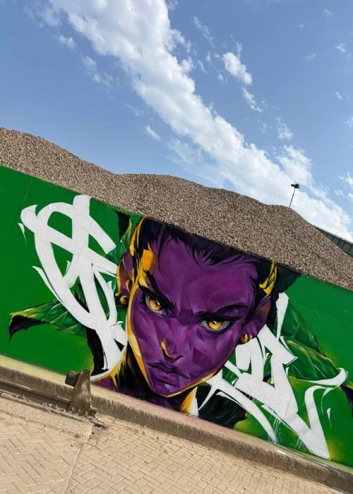 Graffiti retrato morado en festival de arte urbano en Holanda