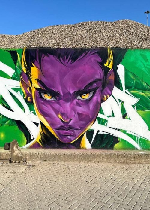 Graffiti retrato morado en festival de arte urbano en Holanda