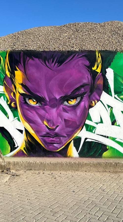 Graffiti retrato morado en festival de arte urbano en Holanda