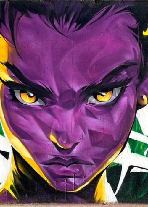 Graffiti retrato morado en festival de arte urbano en Holanda