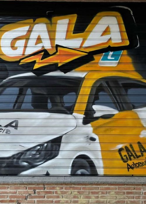 Graffiti en persiana con coche y moto para Autoescuela Gala en Humanes