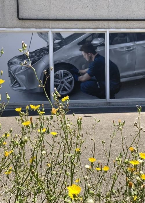 Graffiti profesional con imágenes de coches en taller Euromaster Tortosa
