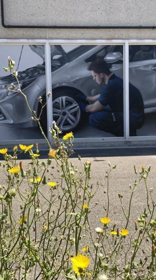 Graffiti profesional con imágenes de coches en taller Euromaster Tortosa