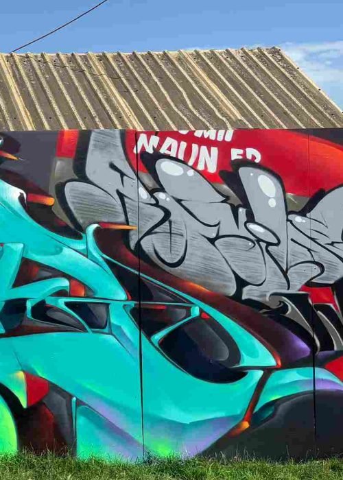 Proceso de pintura de mural 3D con líneas guía y sombreado