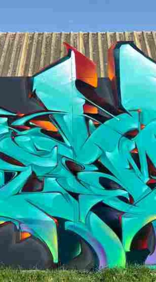 Proceso de pintura de mural 3D con líneas guía y sombreado