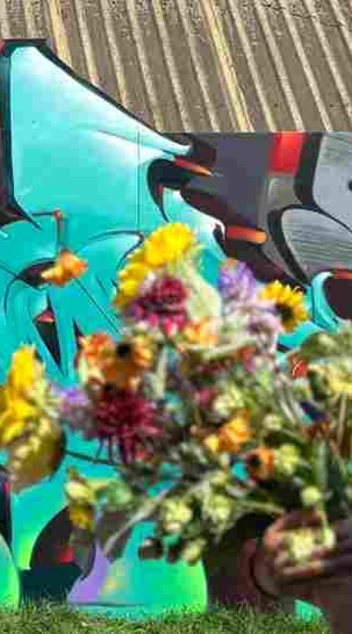 Proceso de pintura de mural 3D con líneas guía y sombreado