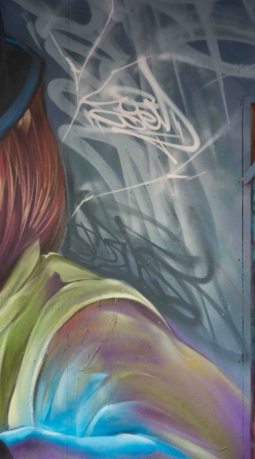 Retrato de Alex en mural graffiti inspirado en La Naranja Mecánica