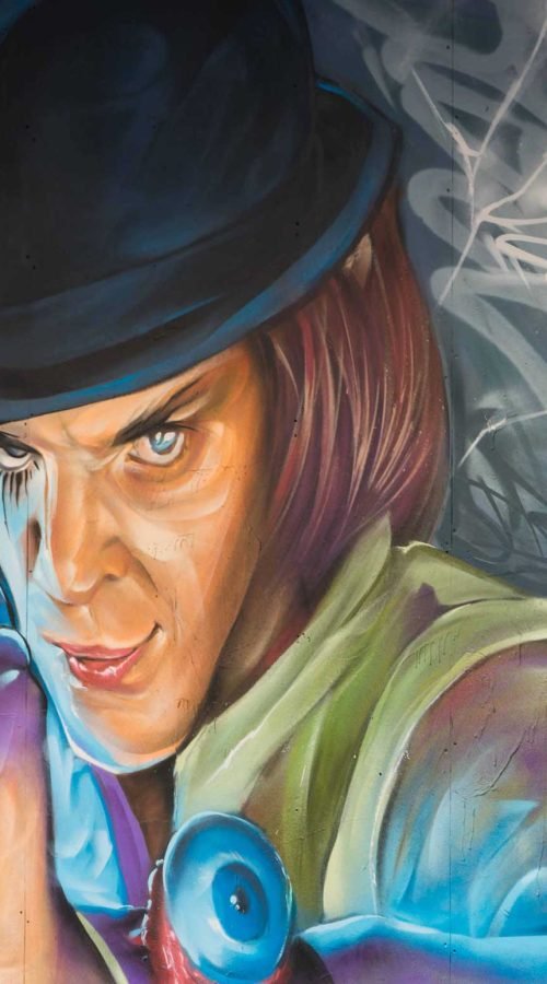 Retrato de Alex en mural graffiti inspirado en La Naranja Mecánica