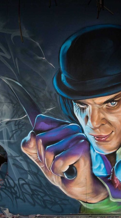 Retrato de Alex en mural graffiti inspirado en La Naranja Mecánica