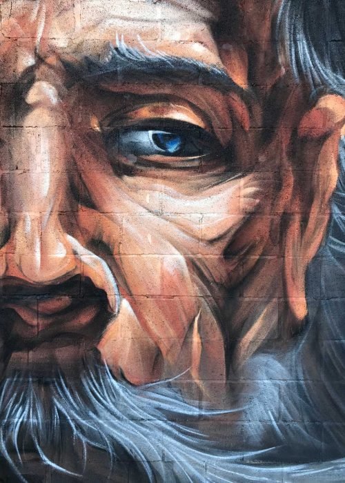 Graffiti de Don Quijote y aves en mural público en Villacañas, Toledo