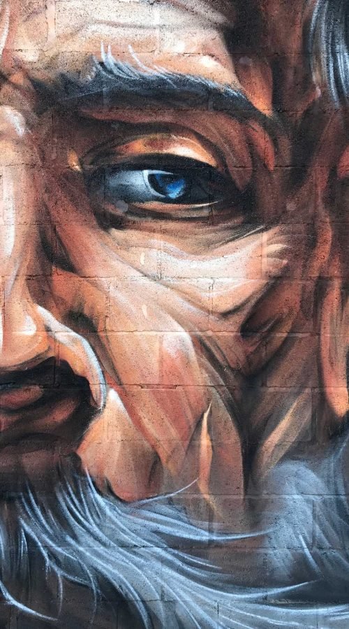 Graffiti de Don Quijote y aves en mural público en Villacañas, Toledo