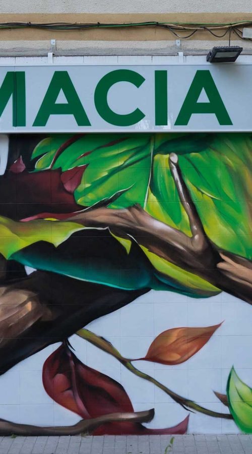 Mural con ramas y hojas en fachada de Farmacia Parque9, graffiti para imagen de salud