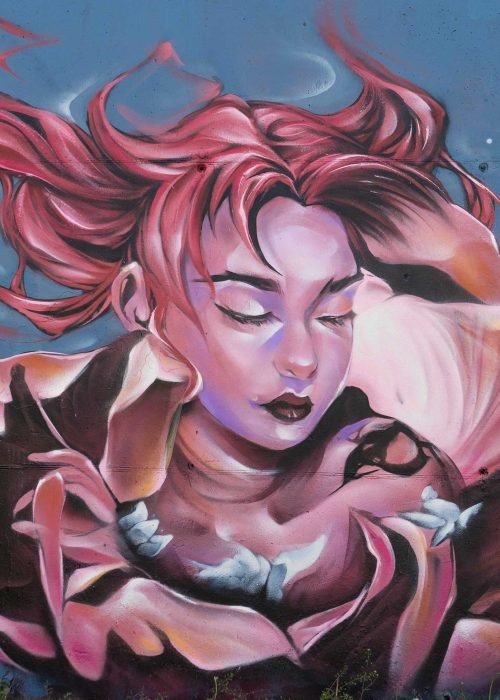 Graffiti hada con flores y cabello rosado