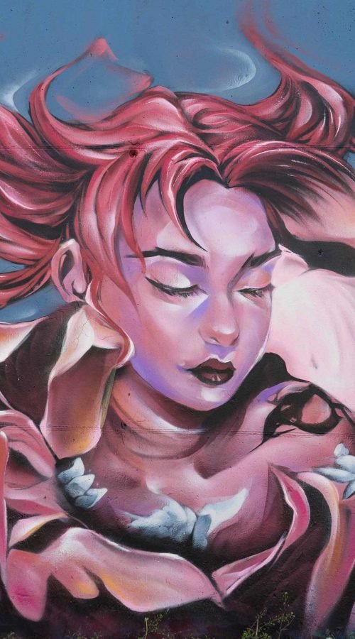 Graffiti hada con flores y cabello rosado