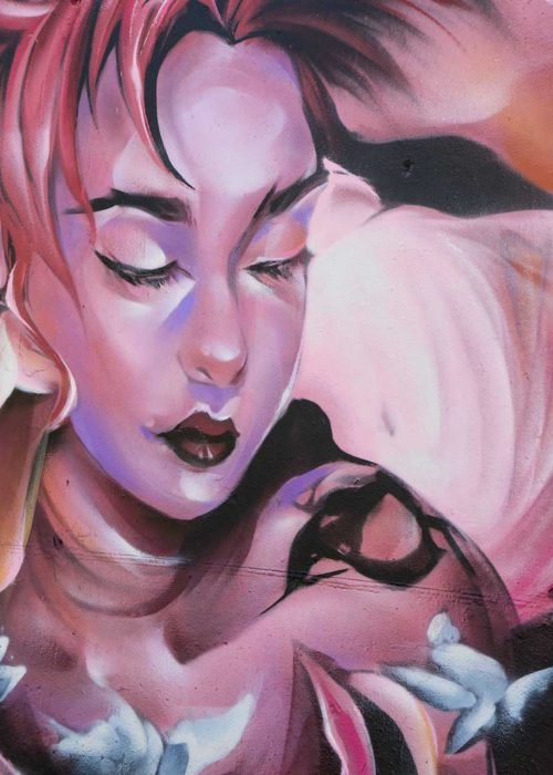 Graffiti hada con flores y cabello rosado