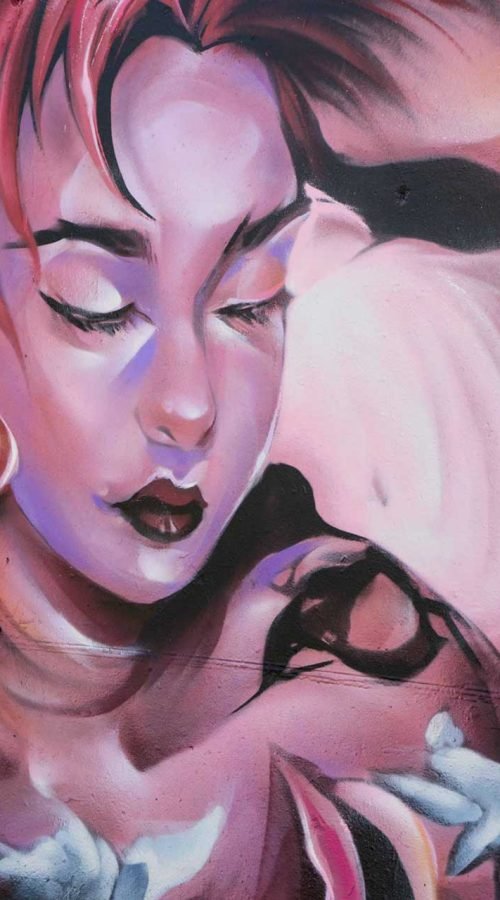 Graffiti hada con flores y cabello rosado