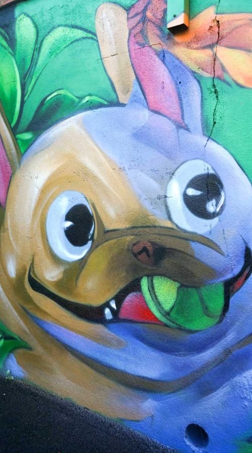 Detalle de personaje animal con pelota verde dentro del mural decorativo del hotel de mascotas