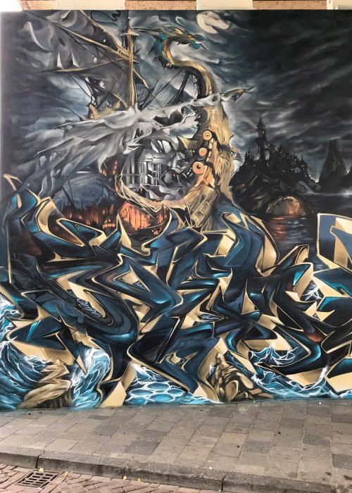 Graffiti artístico de barco y ciudad oscura en Dordrecht