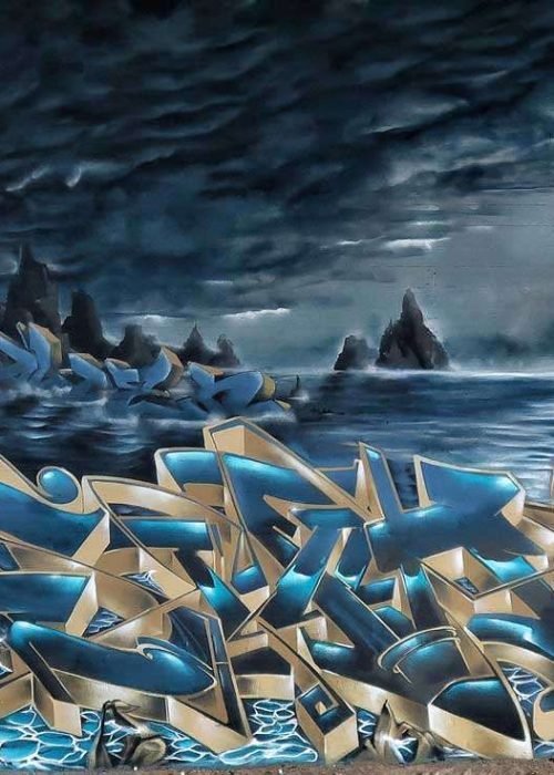 Graffiti artístico de barco y ciudad oscura en Dordrecht