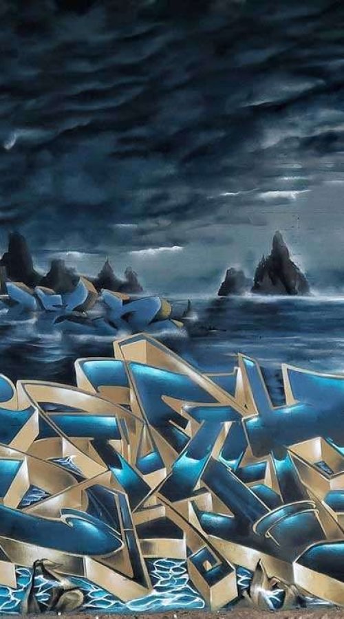 Graffiti artístico de barco y ciudad oscura en Dordrecht