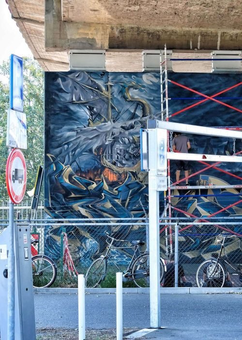 Graffiti artístico de barco y ciudad oscura en Dordrecht