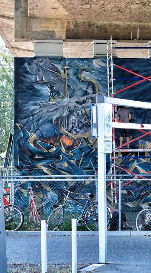 Graffiti artístico de barco y ciudad oscura en Dordrecht