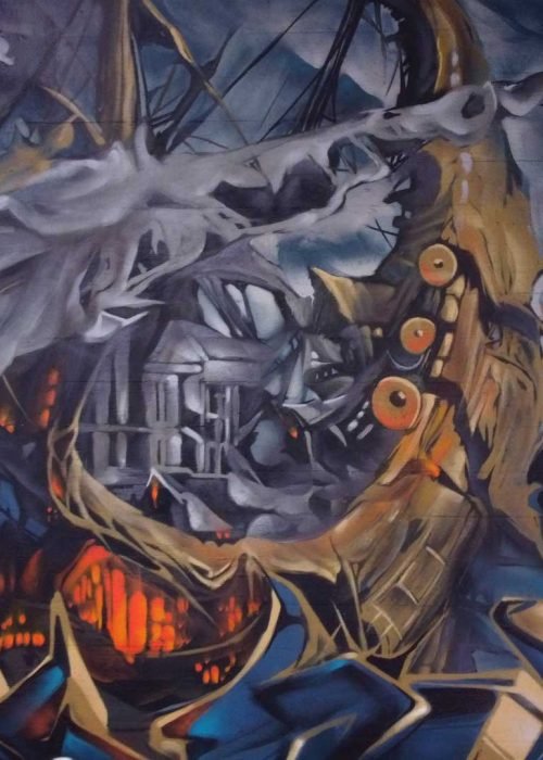 Graffiti artístico de barco y ciudad oscura en Dordrecht