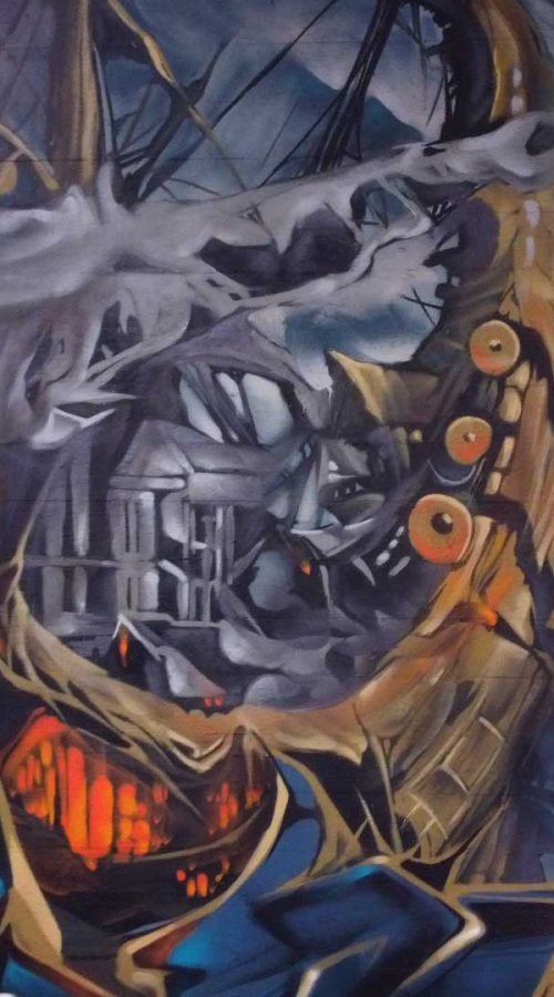 Graffiti artístico de barco y ciudad oscura en Dordrecht