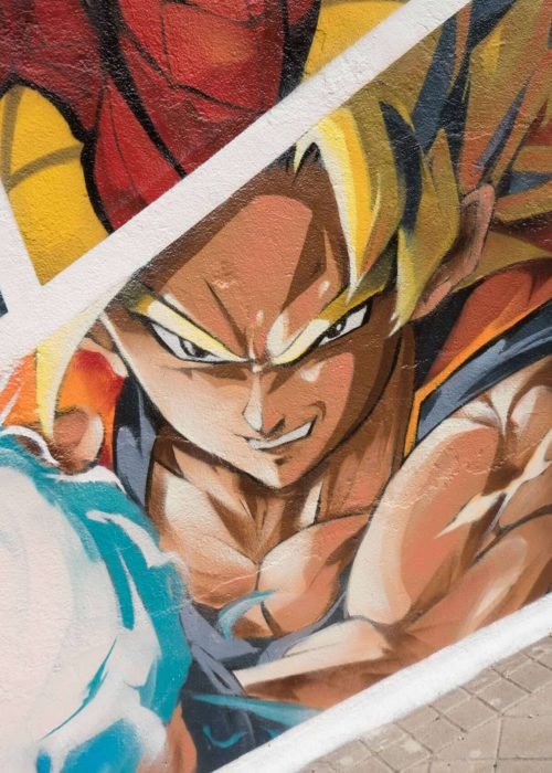 Mural en Akira Books Madrid con Spiderman, Goku, Wonder Woman, Luffy, Darth Vader y Black Panther