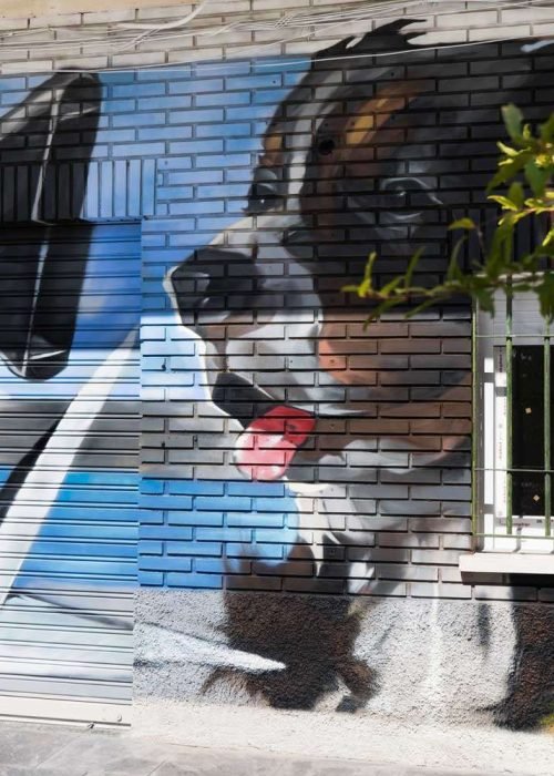 Mural con perros felices en fachada de clínica veterinaria en Toledo
